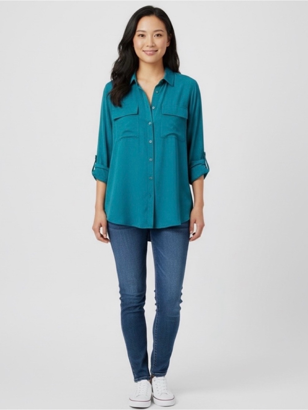 Chicos Button Up Sand wash Shirt U.S Size: 2 Fanfare Green Pockets Long sleeves